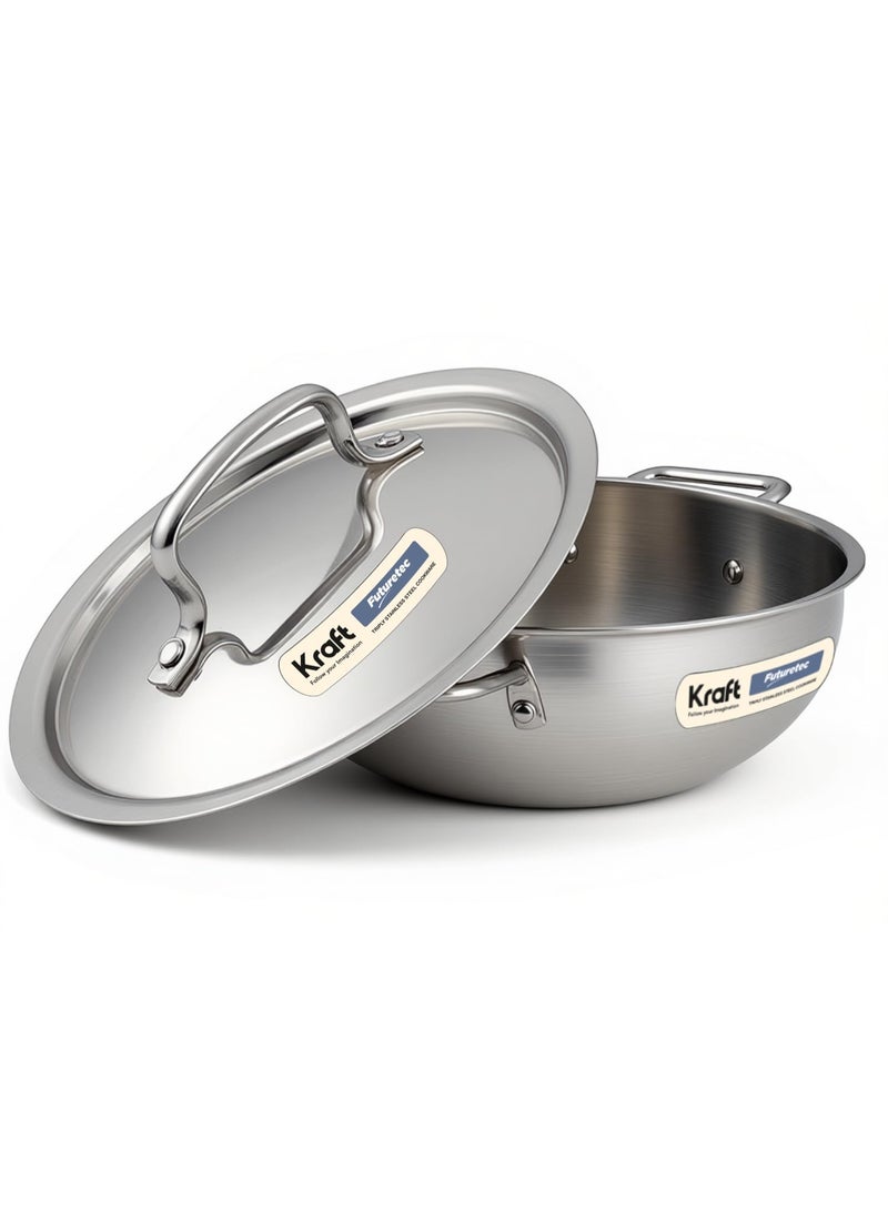 Kraft قدر كرافت فيوتيرتيك ثلاثي الفولاذ المقاوم للصدأ مع غطاء سعة 3.3 لتر (24 سم)، سمك 2.5 مم، قدر عميق إضافي | للعائلات الكبيرة والطهي الاحتفالي | توزيع حراري متساوي - Image 1